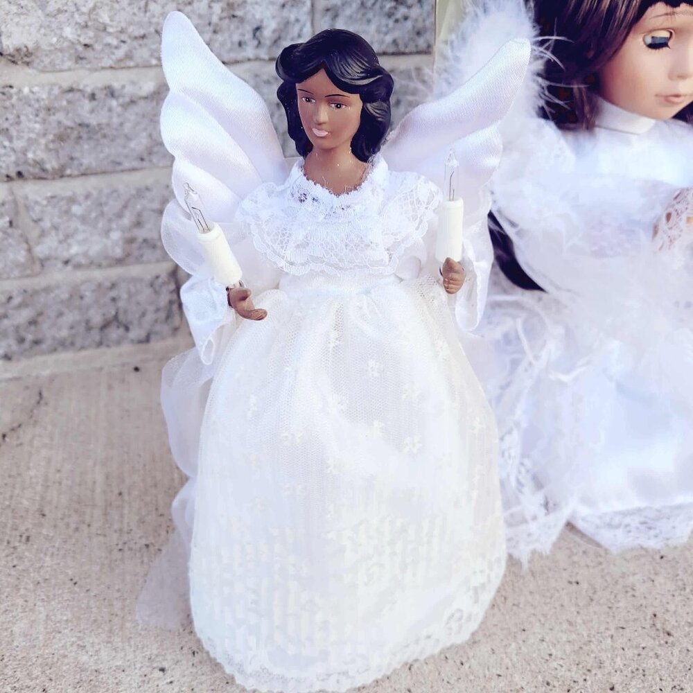 Christmas Black Angel Tree Topper With Candles & Lights White Gown Doll